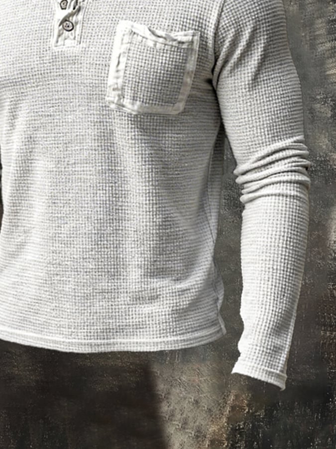 Retro desgastado Waffle casual Henley cuello de manga larga Top para hombre