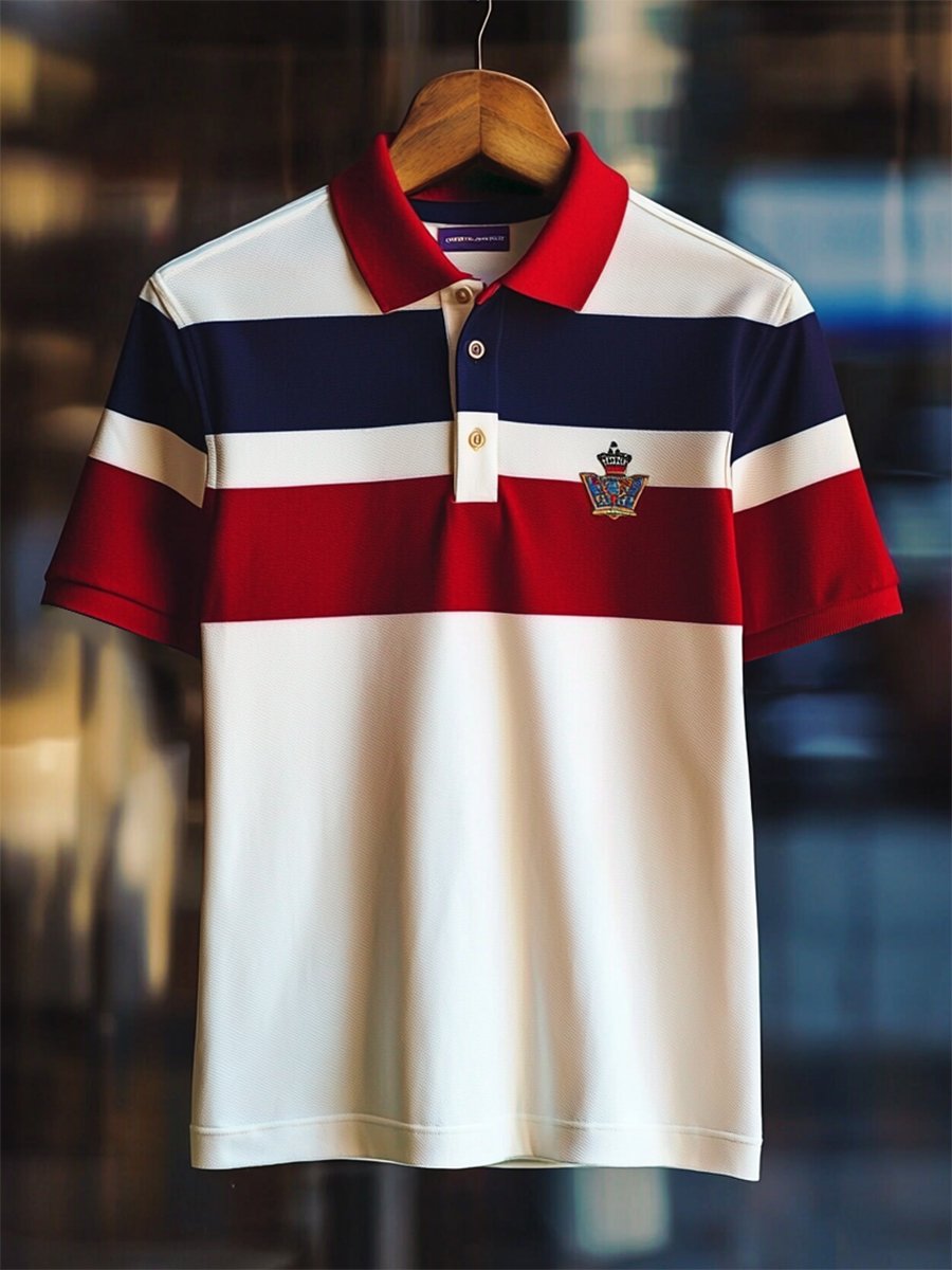 Camisa polo ejecutivo rayas Logo con botones de manga corta para hombre