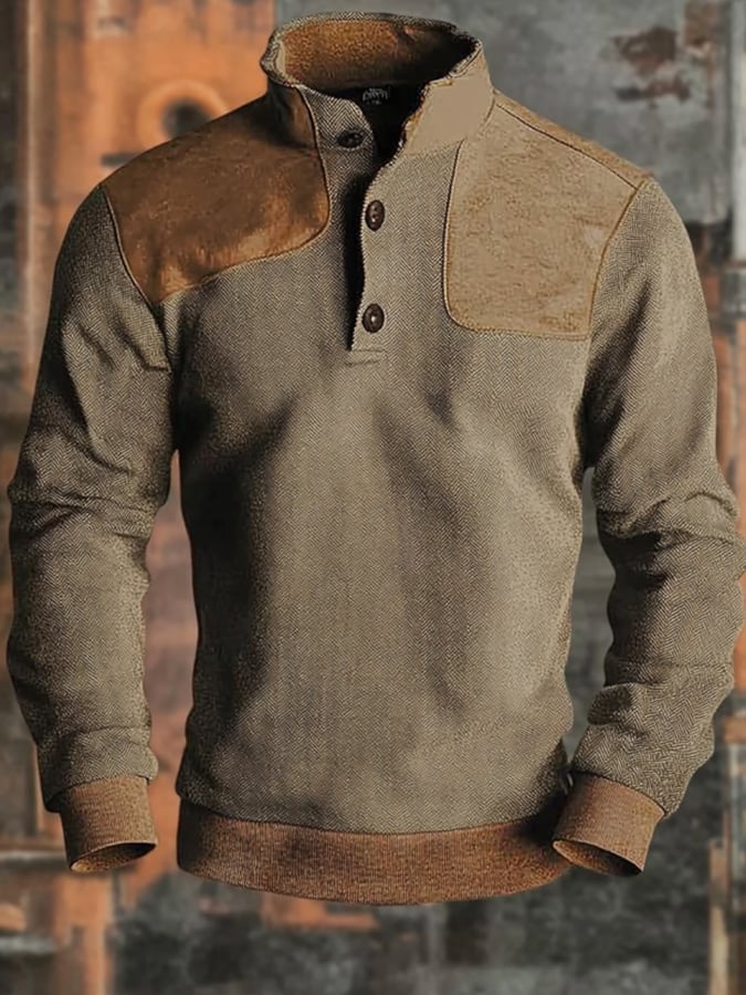 Sudadera casual retro Contrast Color Stand cuello de manga larga para hombre