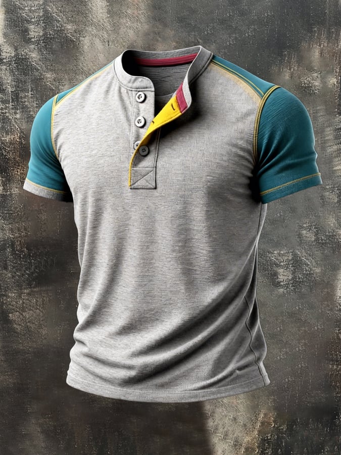 Retro Patchpara trabajo en bloques de color Henley cuello de manga corta Top para hombre