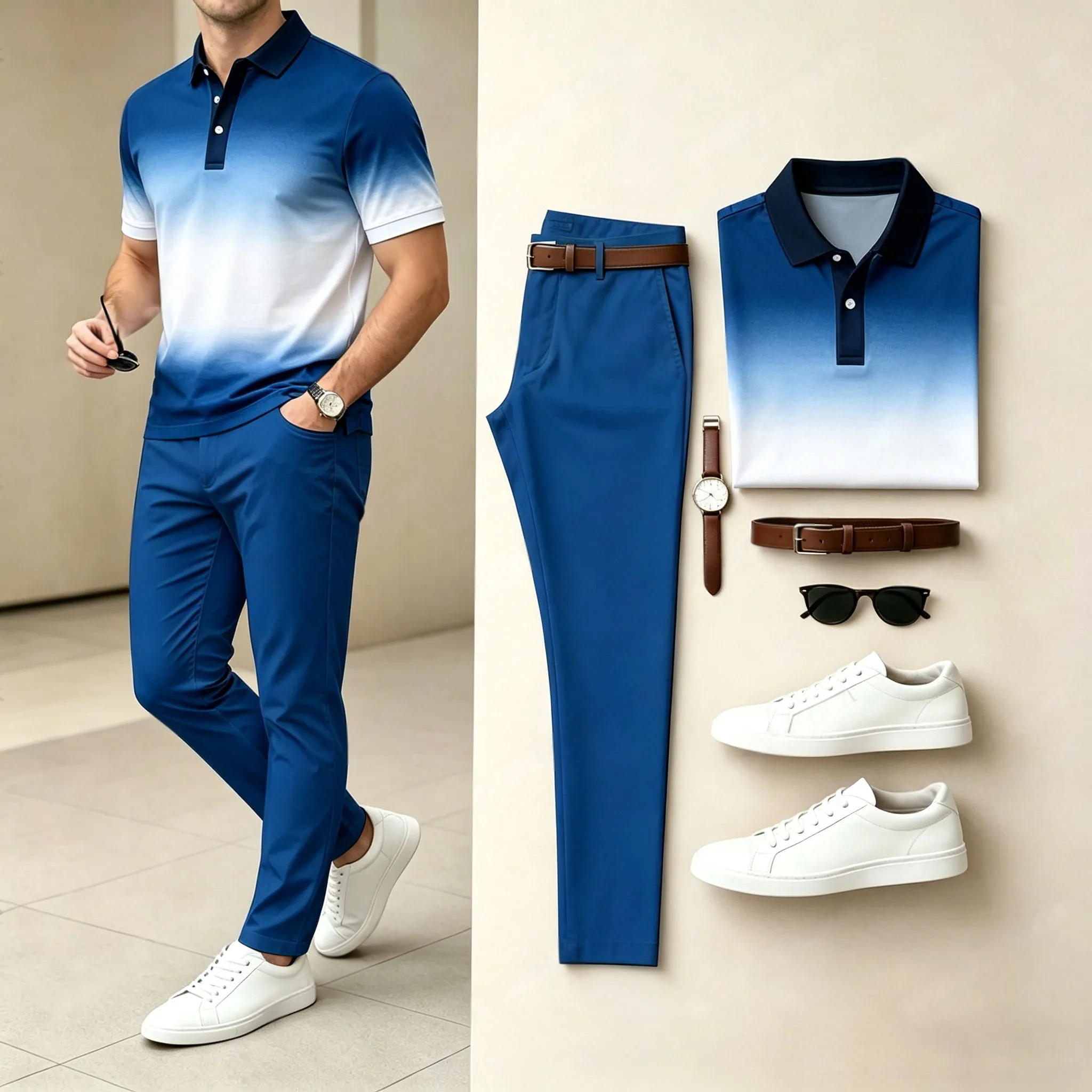 para hombre casual Blue & White estampado camisa polo And pantalón conjunto de dos piezas