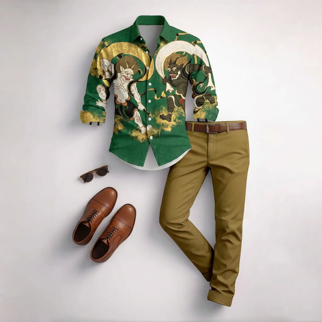Conjunto de dos piezas casual Green estampado de manga larga camisa And Trousers para hombre