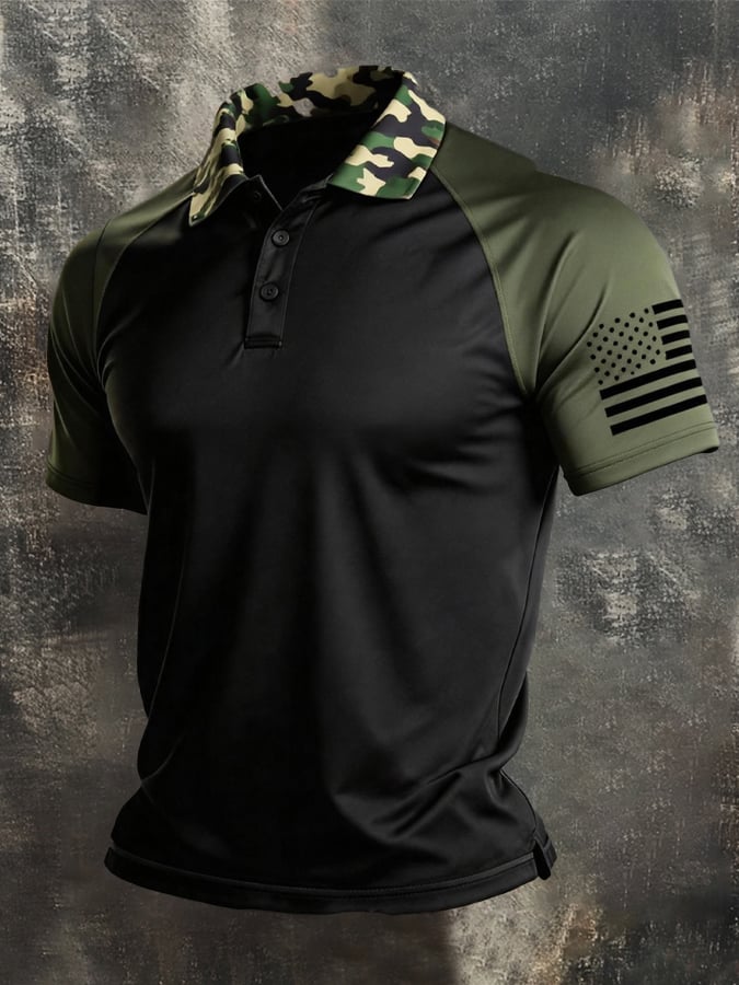 Retro Patriot en bloques de color Polo Collar de manga corta para hombre