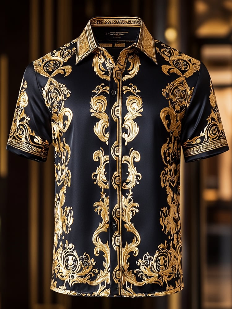 Camisa satén Luxe estampado de manga corta Button para hombre
