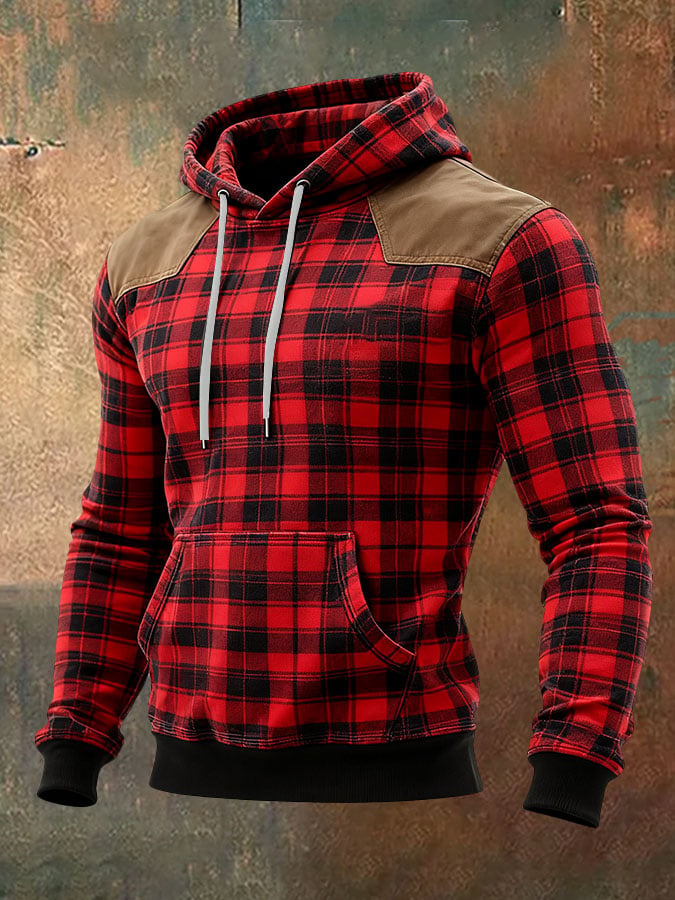 Sudadera casual retro a cuadros estampado de manga larga Hooded para hombre
