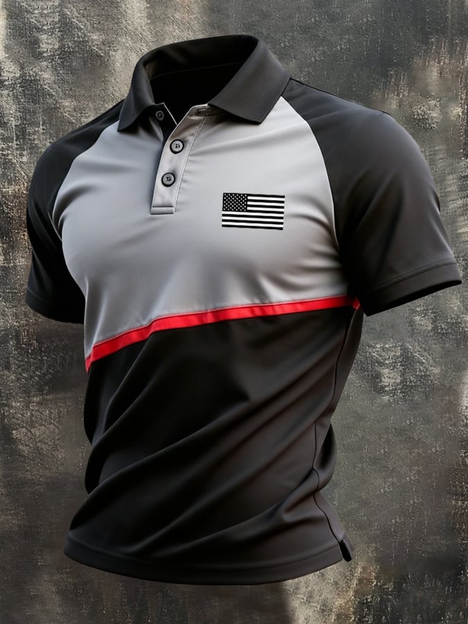 Camisa polo retro Patriotic Color-Block de manga corta para hombre
