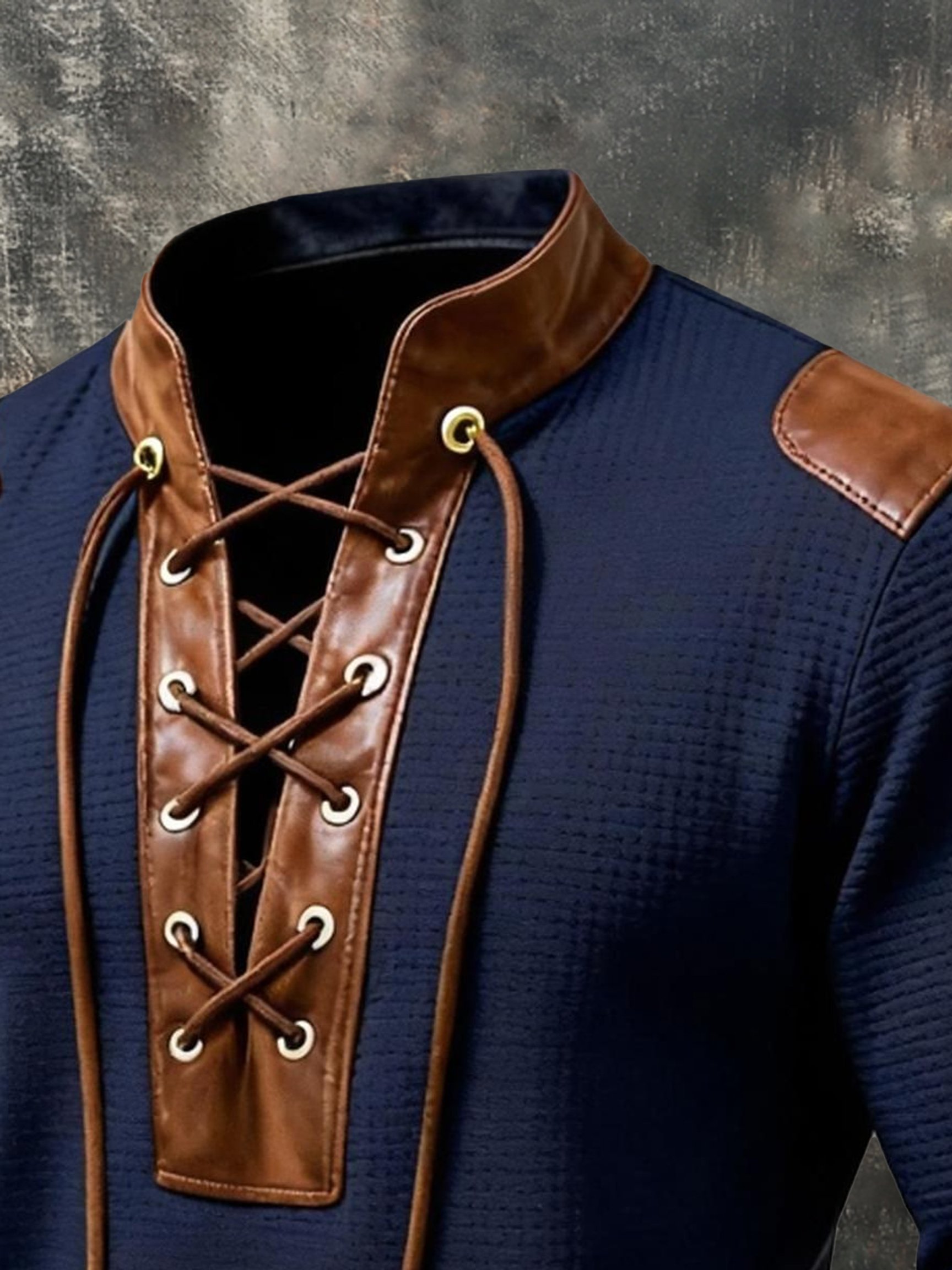 para hombre vintage Leather Patchwork Lace-Up Sweacamiseta