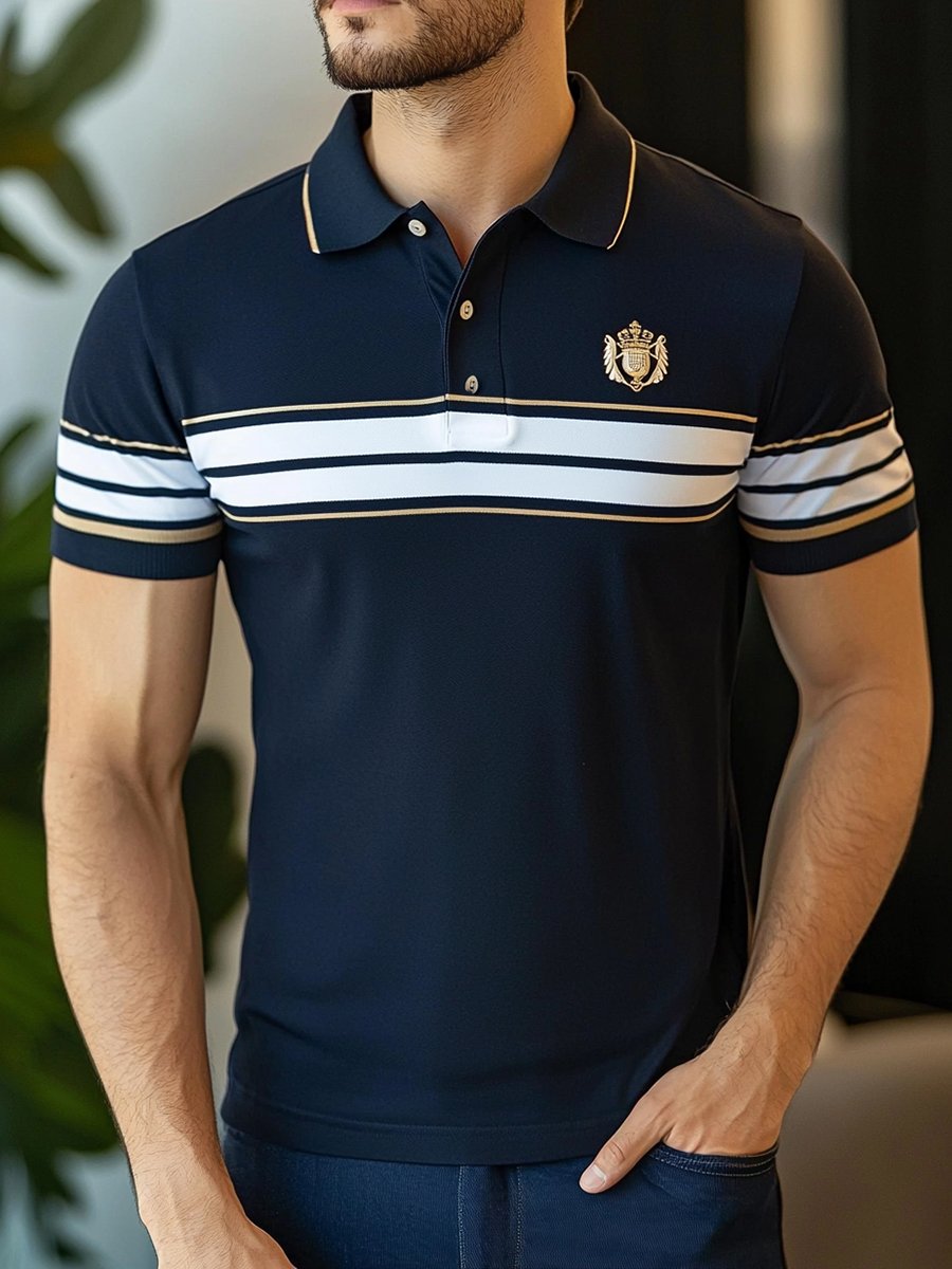 Camisa polo ejecutivo rayas Logo con botones de manga corta para hombre
