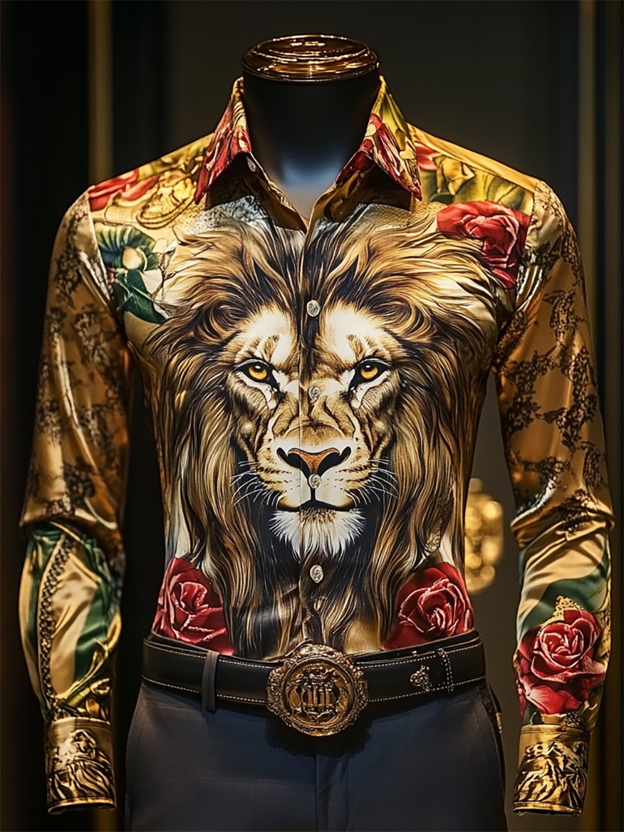 Camisa satén Luxe Lion de manga larga con botones para hombre