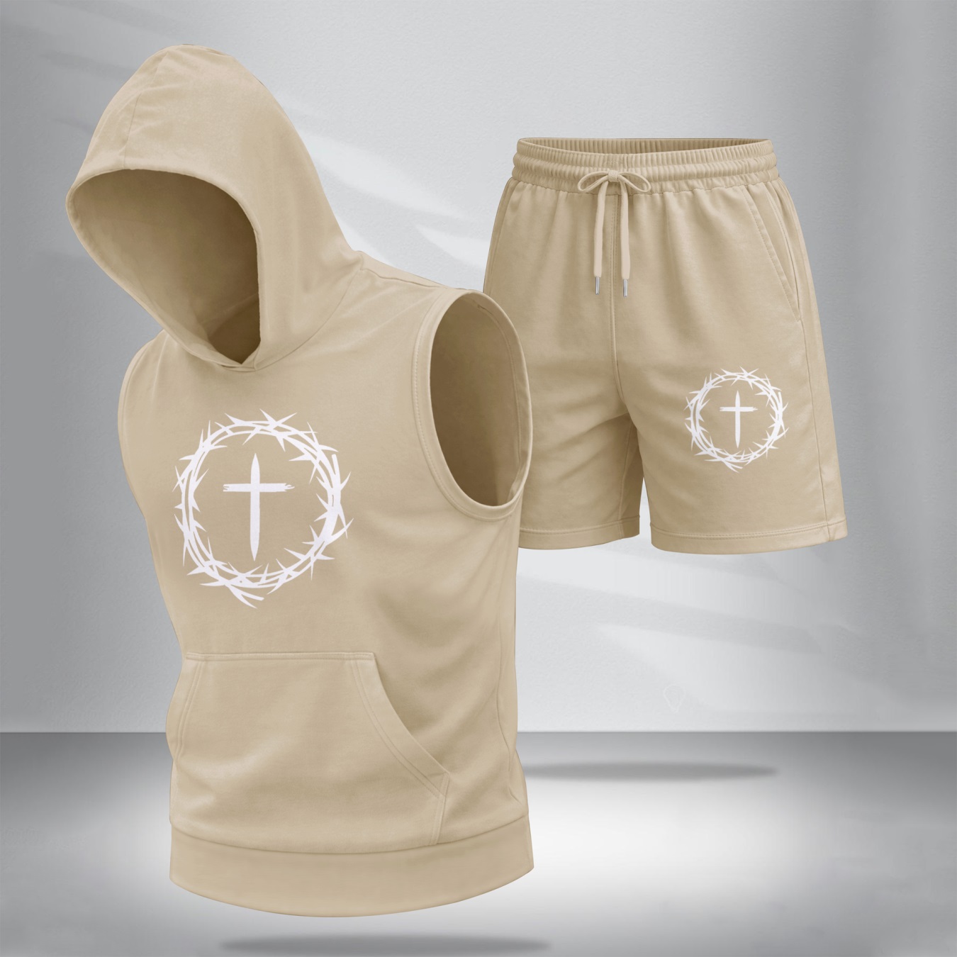Sudadera con capucha Two-Piece Summer Set – Sleeveless & shorts with Faith Cross estampado, casual Sportwear, Athletic para exterior Outfit, Summer Street Style for Men, TikTok Hot Selling para hombre