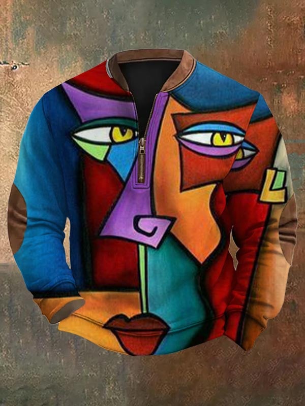 Sudadera de moda casual Art geométrico estampado cierre Neck para hombre