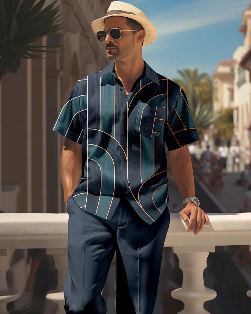 Camisa retro colorblock de manga corta walking Suit 1652 para hombre