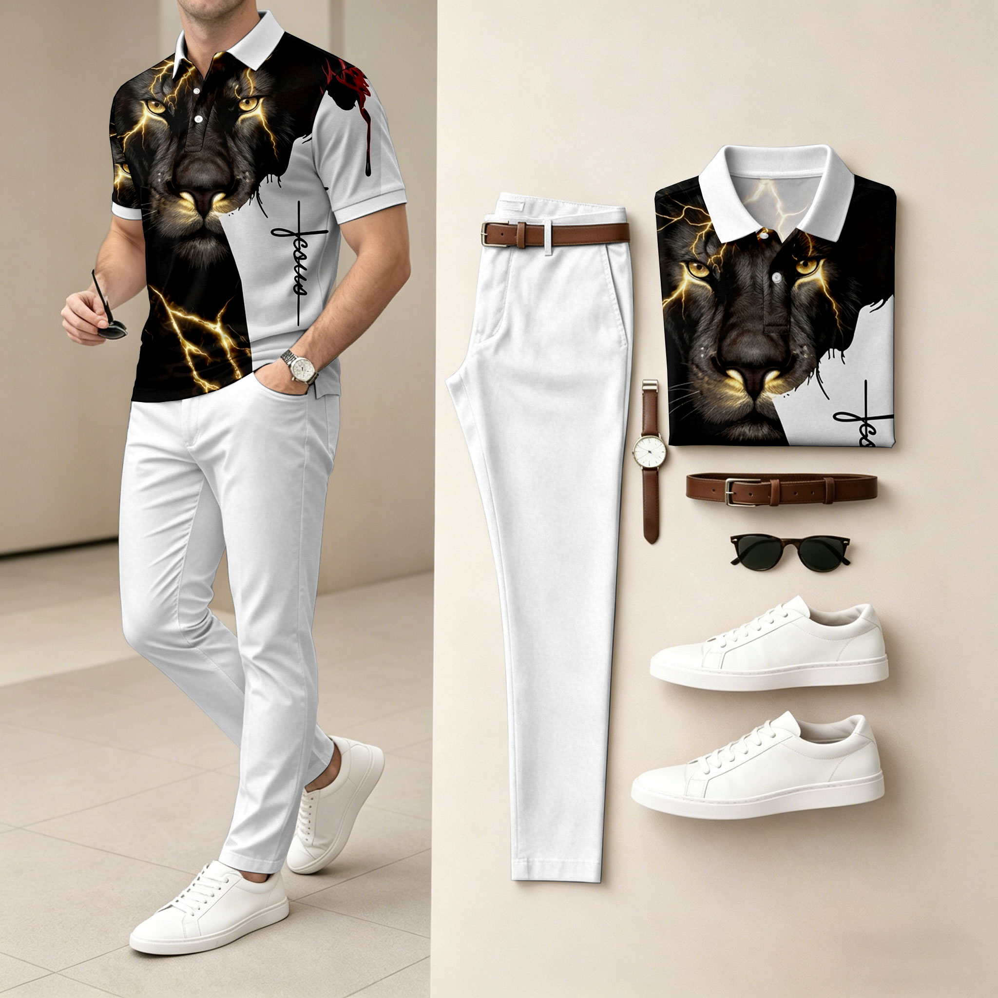 para hombre White de manga corta camisa polo and Long pantalón conjunto de dos piezas