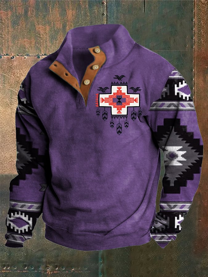 Sudadera Western Style estampado Stand cuello Button para hombre