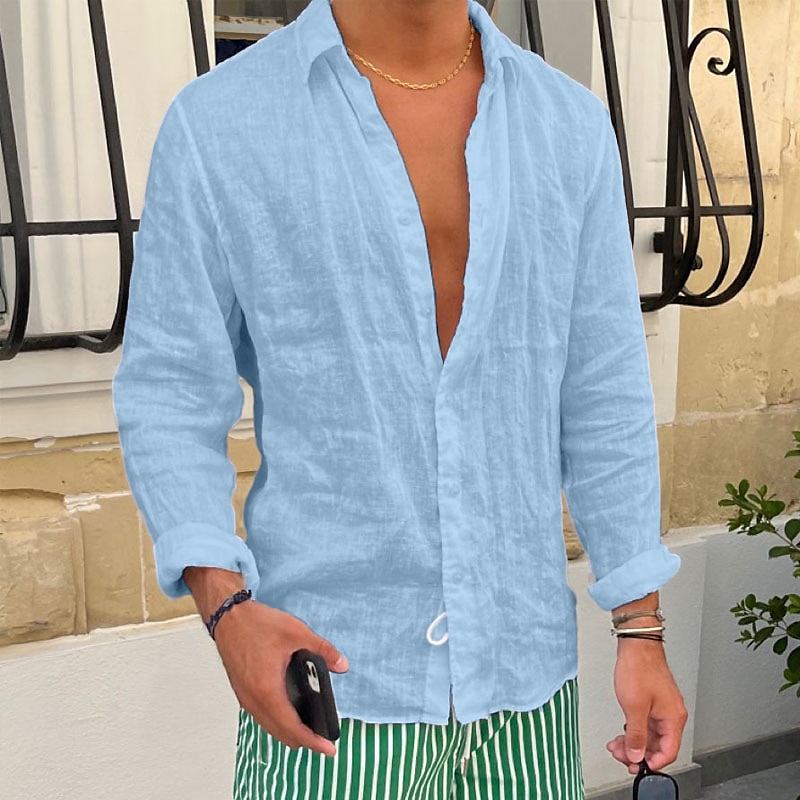 Camisa de lino camisa Summer camisa Beach camisa Plain casual para uso diario Black White Pink Royal Blue de manga larga solapa Spring & Summer Clothing Apparel para hombre - vista 6