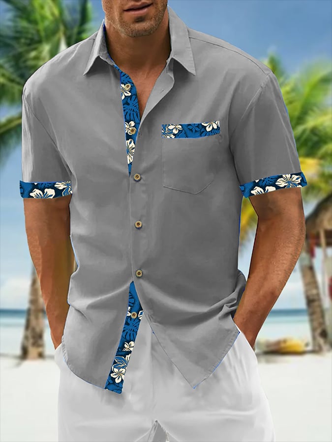 Camisa Resort Style Contrast estampado casual de manga corta para hombre