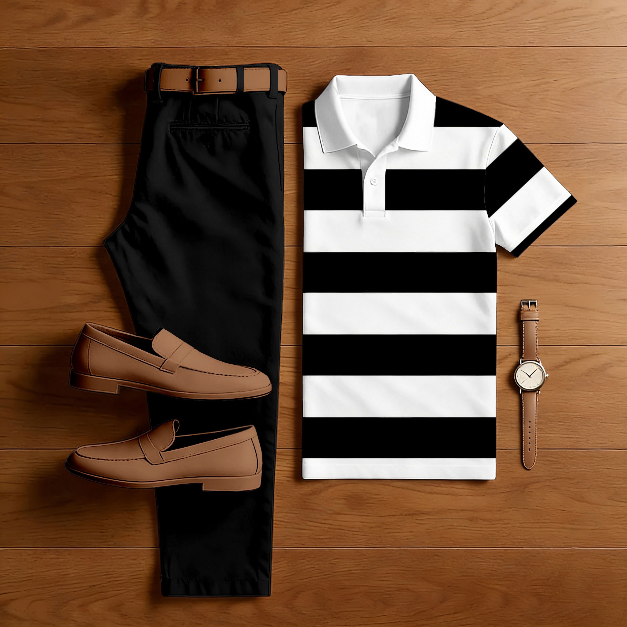 Conjunto de dos piezas casual Black & White rayas estampado camisa polo And pantalón para hombre