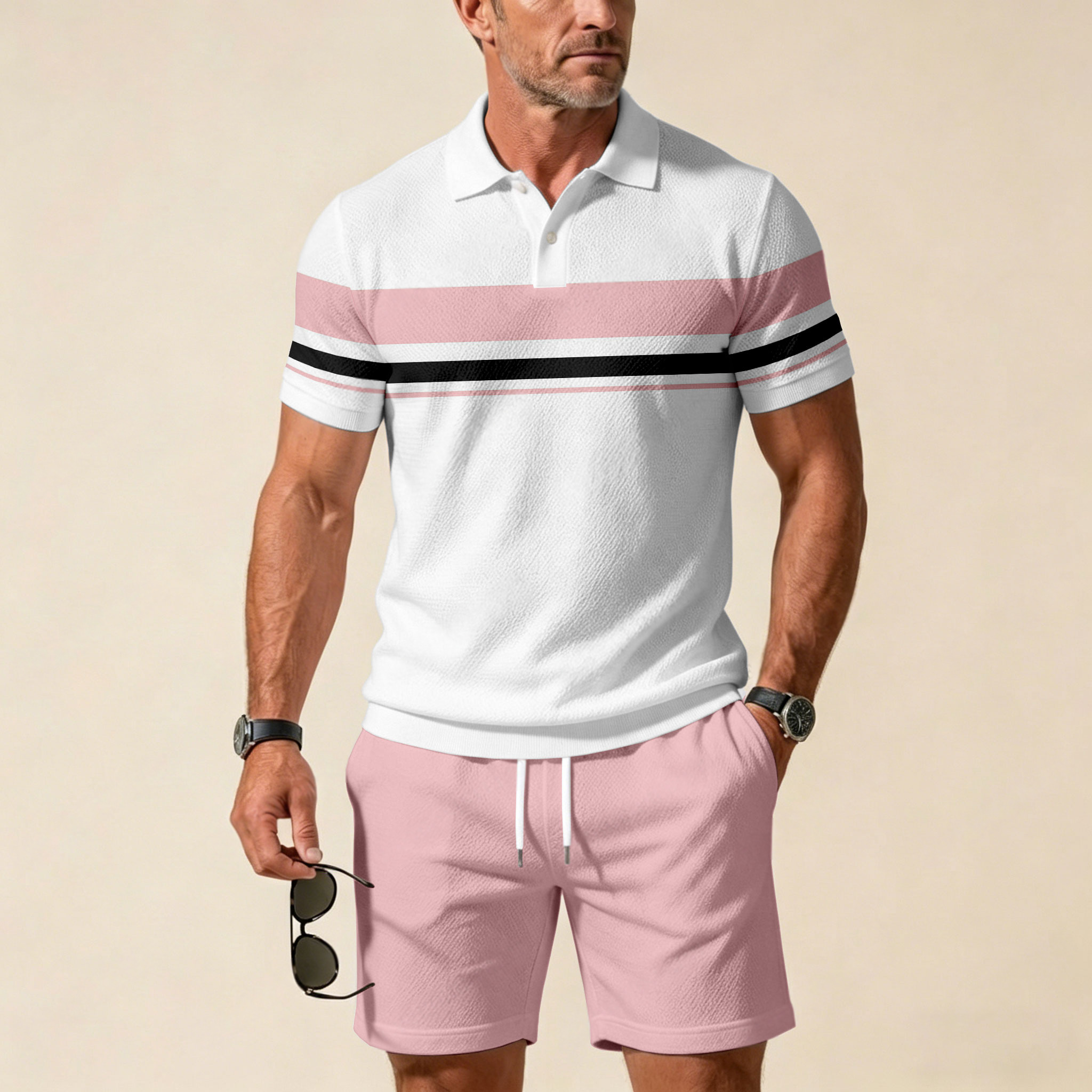 Conjunto de dos piezas casual Blue & Pink Geometry Color Matching estampado de manga corta Zipper camisa polo & shorts para hombre