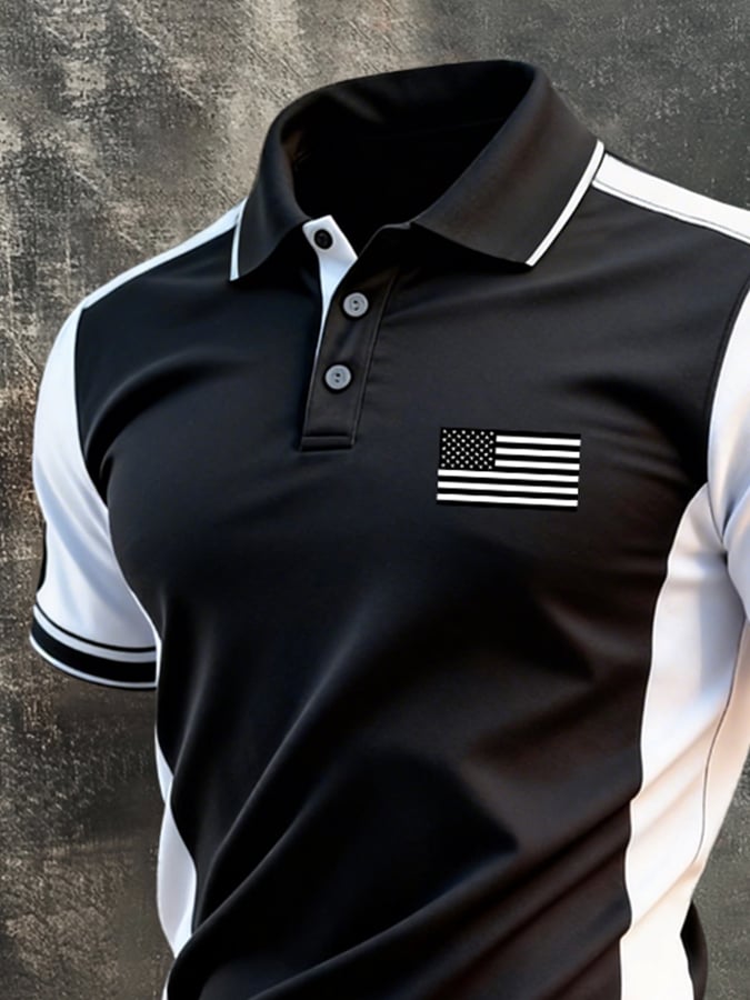 para hombre retro Patriotic Color-Block de manga corta camisa polo