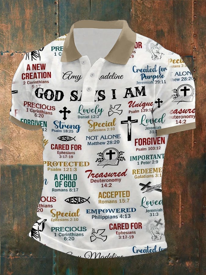 Camisa polo retro Faith “God Says I Am�?casual estampado para hombre