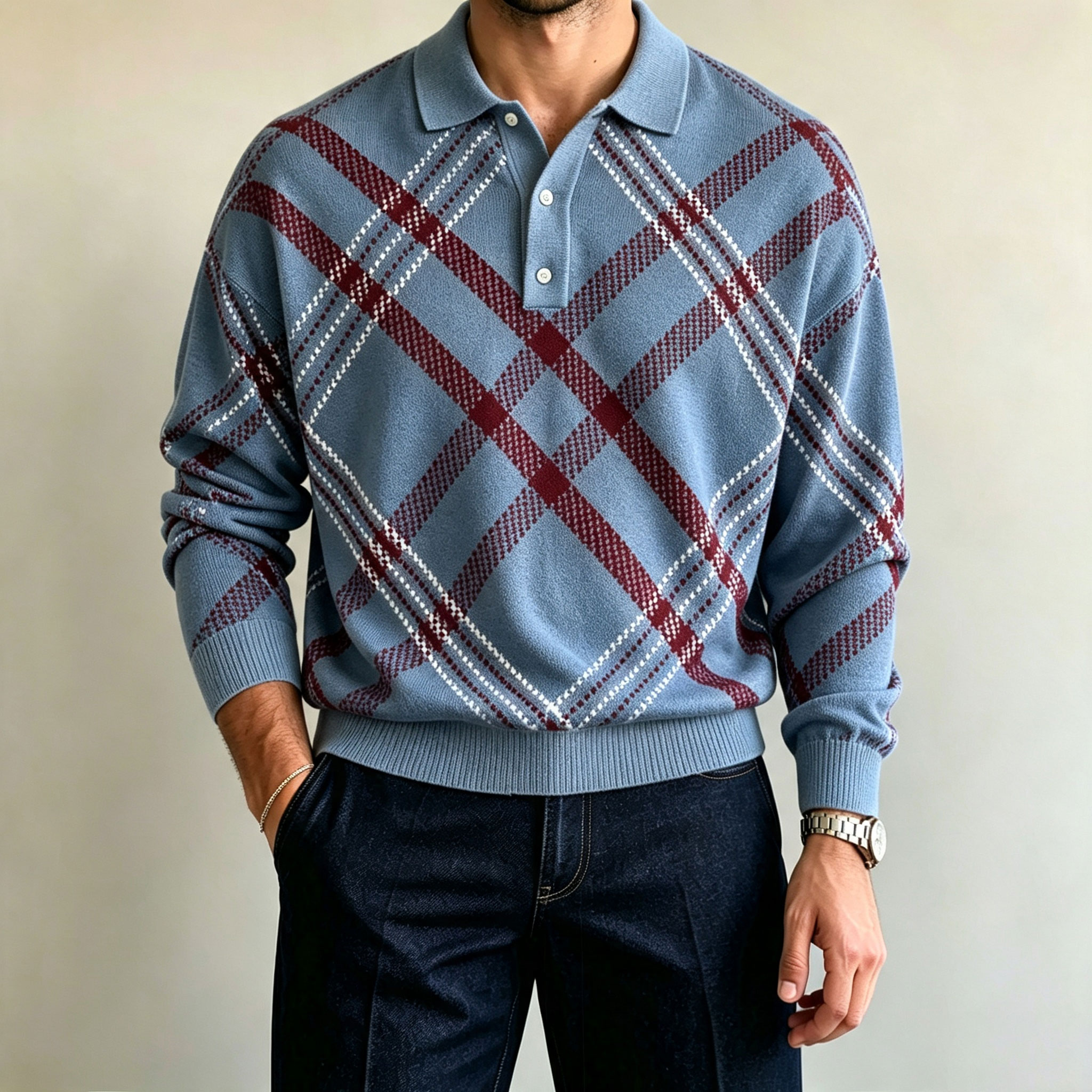 para hombre de manga larga camisa polo with Diamond Pattern Print