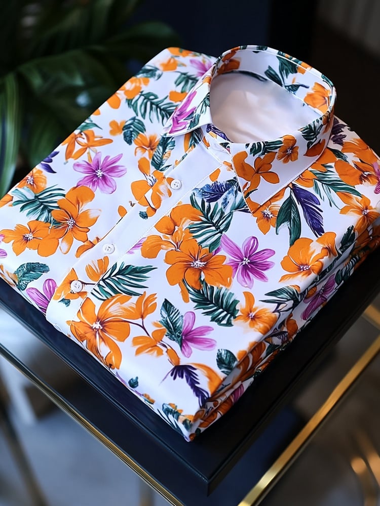 Camisa satén Luxe hawaiano Orange floral de manga corta Button para hombre