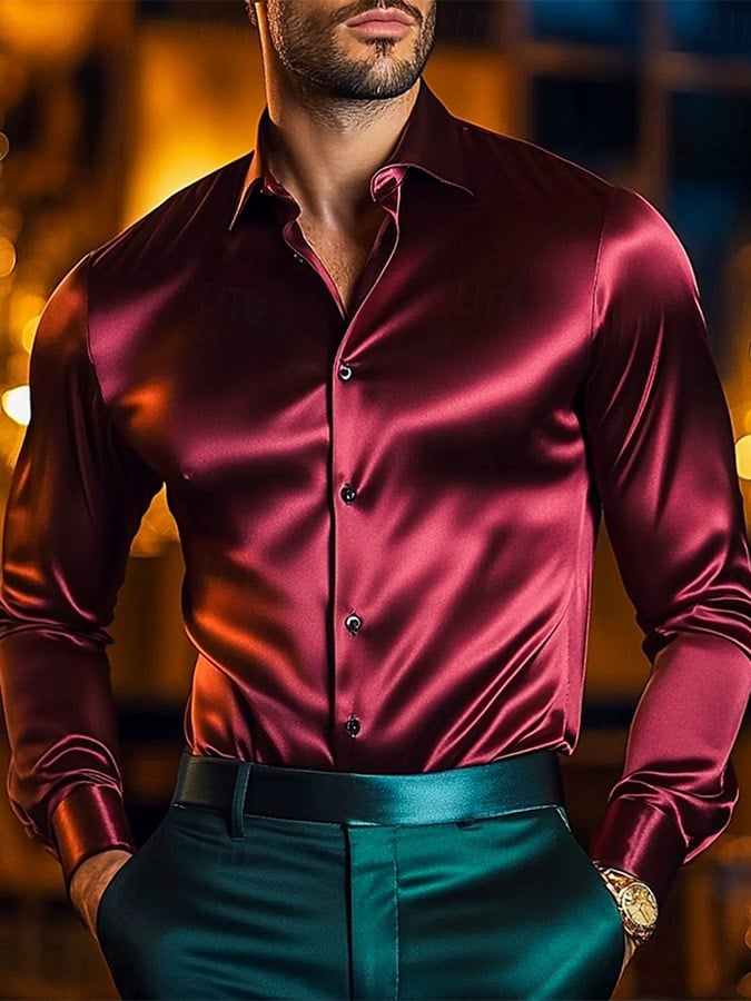 Camisa Luxe Solid satén de manga larga para hombre
