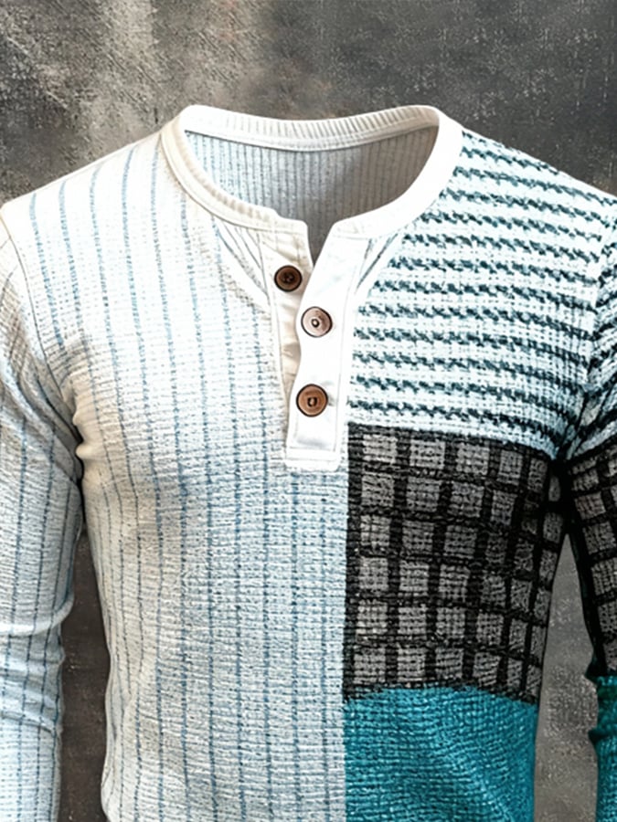 Camiseta retro Stitching Contrast Color Henley cuello de manga larga para hombre