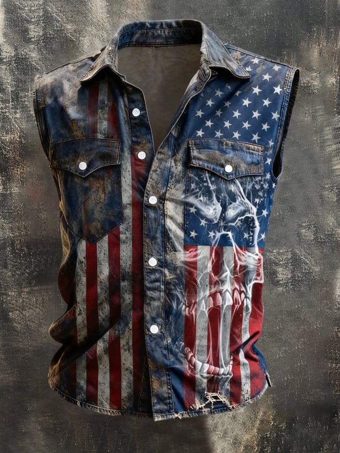 Camisa retro Patriotic Color-Block estampado Sleeveless para hombre