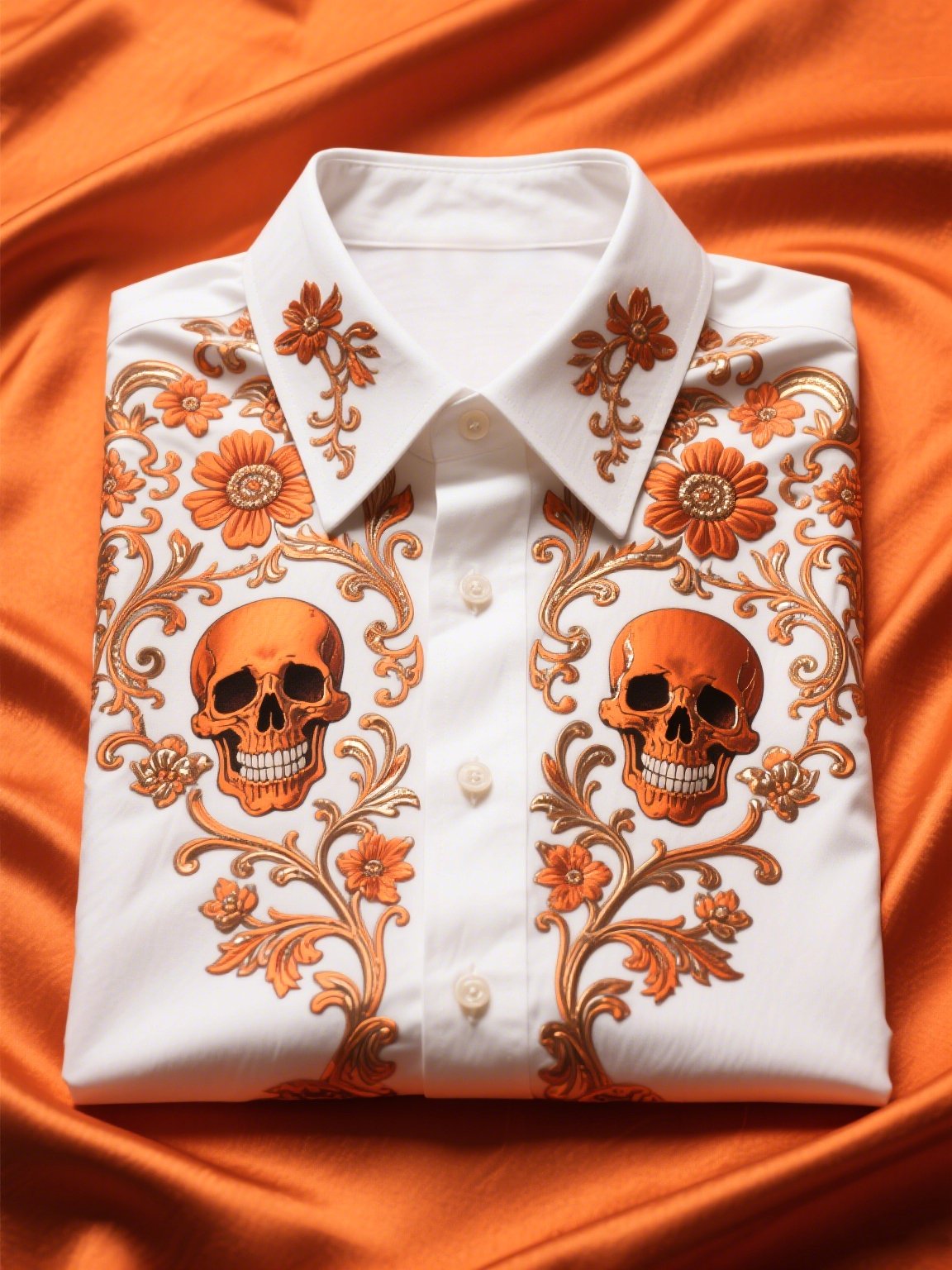 Camisa satén de lujo ejecutivo Skull de manga corta Button para hombre