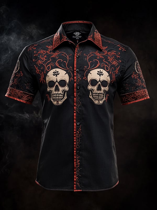 Camisa vintage Skull and floral de manga corta para hombre