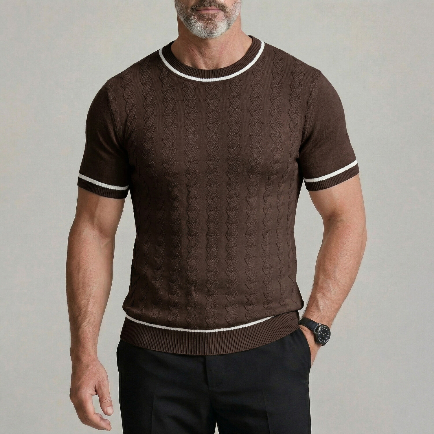 Camiseta casual de color sólido Crew Neck Twisted Cable tejido Tight Fit para hombre