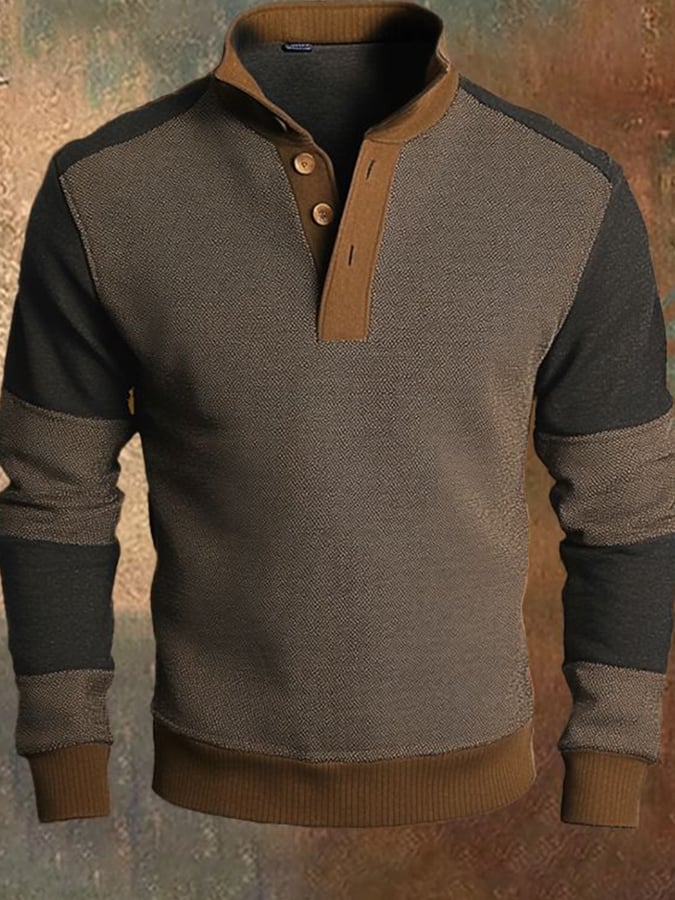 Sudadera casual retro Contrast Color Stand cuello de manga larga para hombre