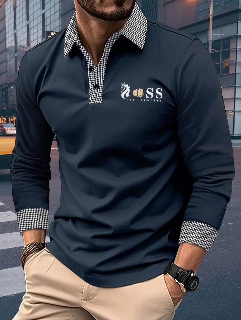 Camisa polo retro ejecutivo estampado de manga larga para hombre