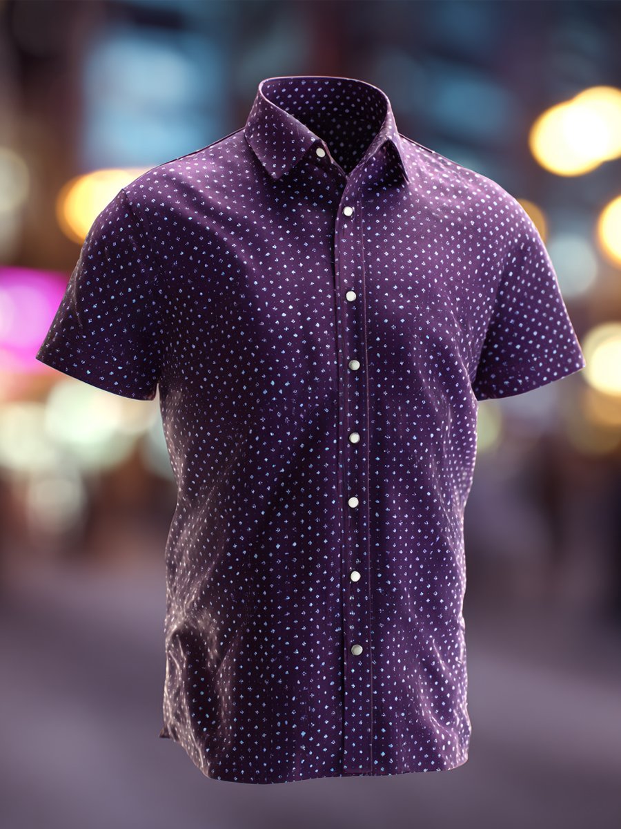 Camisa ejecutivo retro Purple Polka Dot solapa de manga corta para hombre