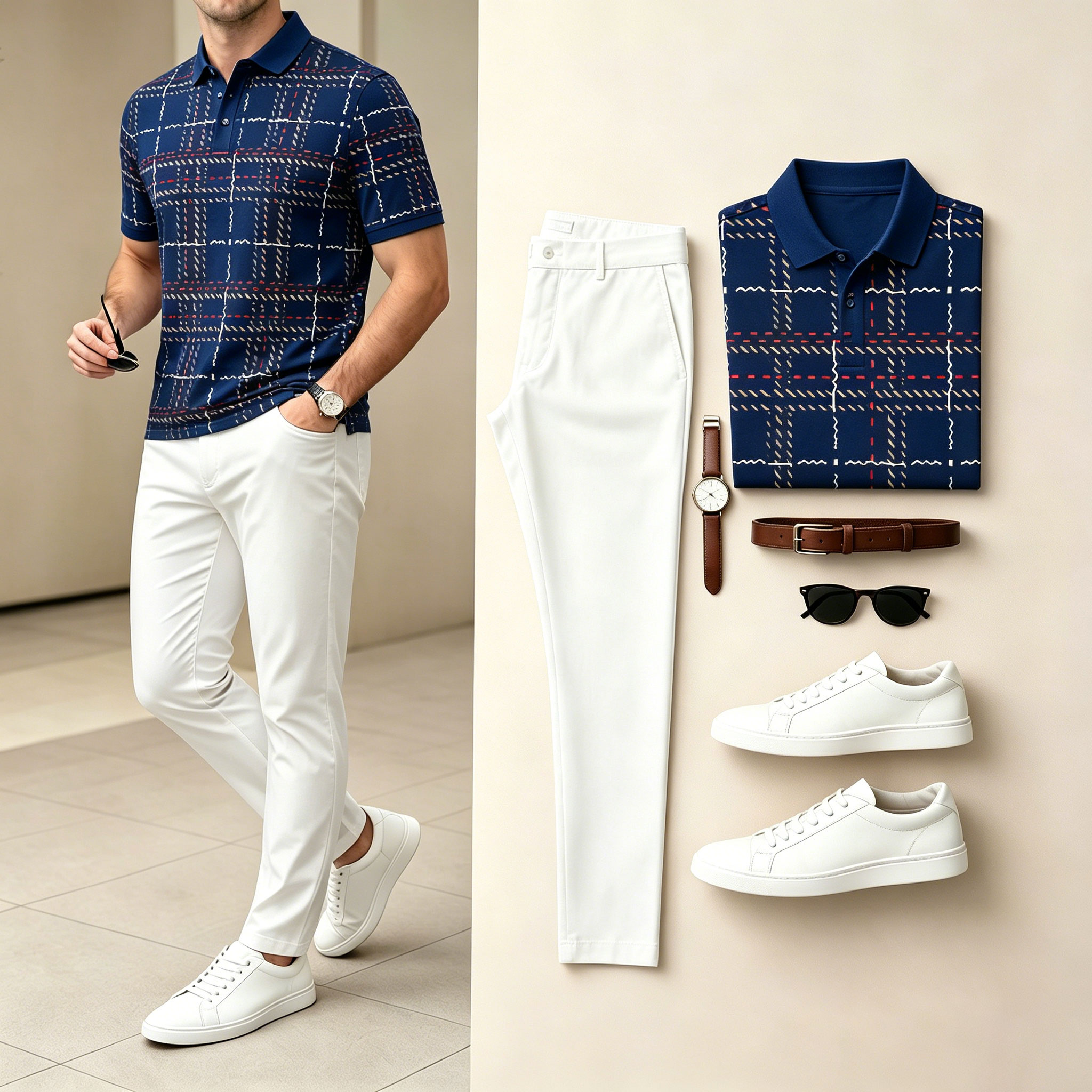 Conjunto de dos piezas casual Navy Blue Color Matching Checkered estampado de manga cortas camisa polo & pantalón para hombre