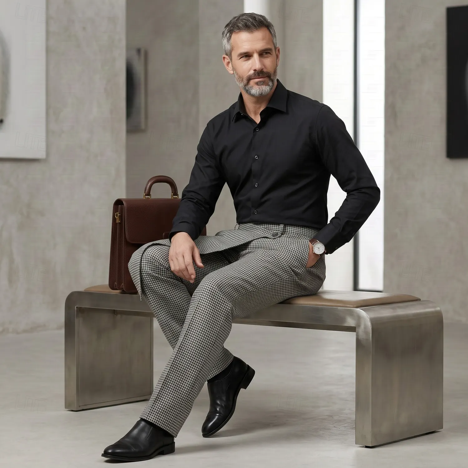para hombre ejecutivo casual Houndstooth Pattern High Waist Asymmetrical Overlap Suit pantalón