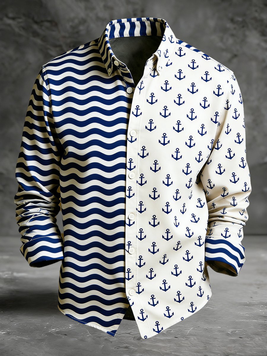Camisa vintage commemorative navy estampado de manga larga para hombre