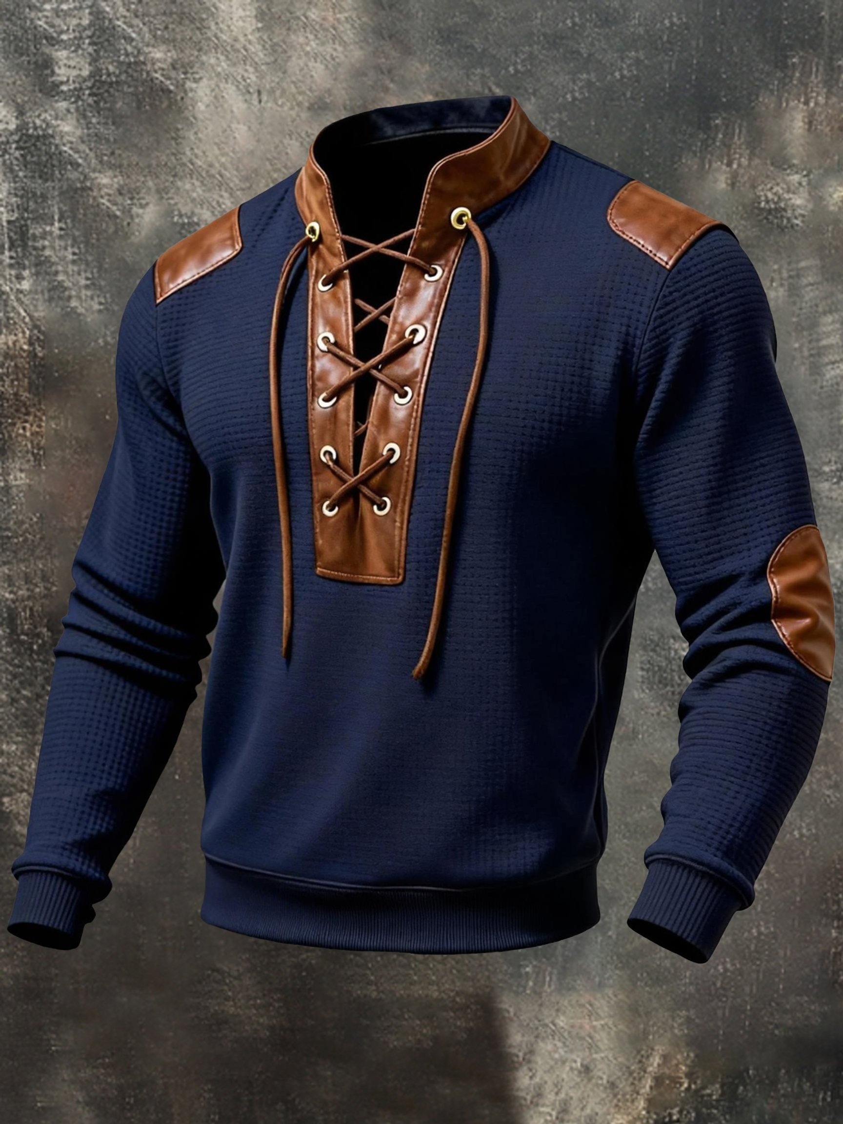 para hombre vintage Leather Patchwork Lace-Up Sweacamiseta