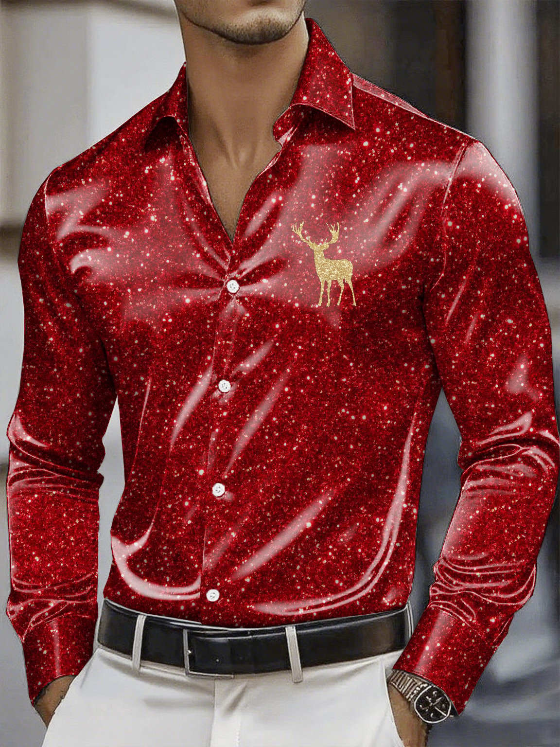 Camisa Christmas satén Luxe de manga larga con botones para hombre