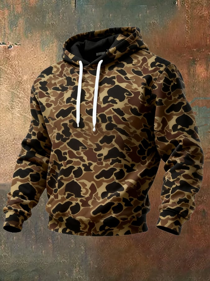 Sudadera retro desgastado en bloques de color camuflaje estampado casual de manga larga para hombre