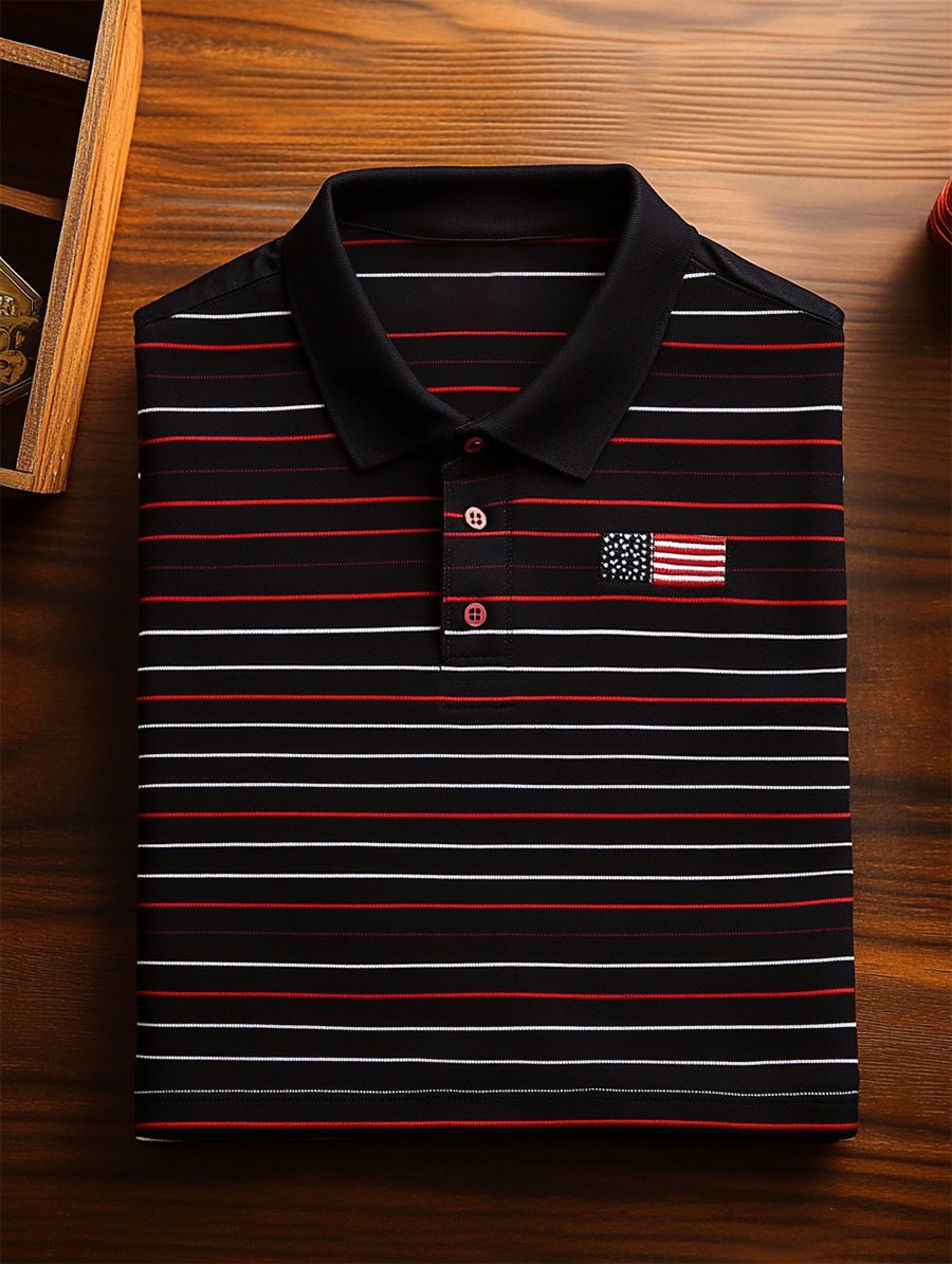 Camisa polo ejecutivo casual Independence Day a rayas Button de manga corta para hombre