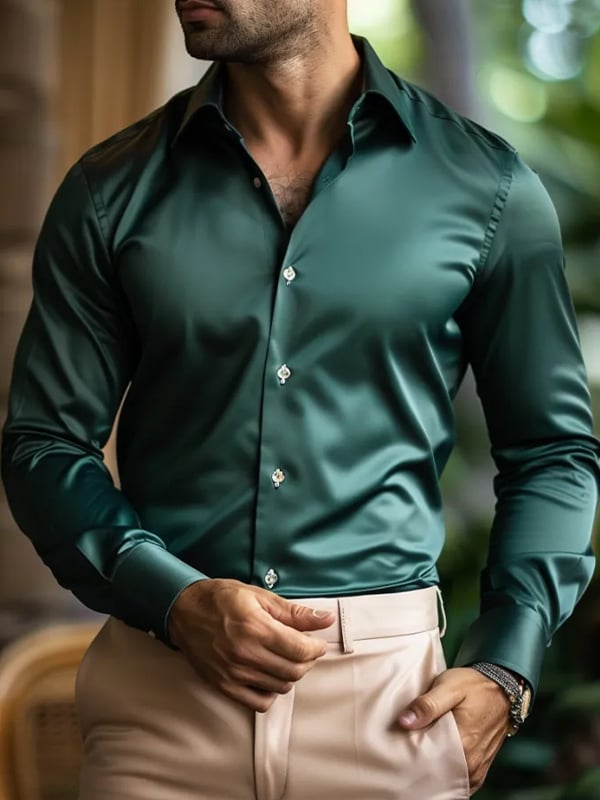 Camisa de lujo Romantic Contrast Color estampado de manga larga para hombre
