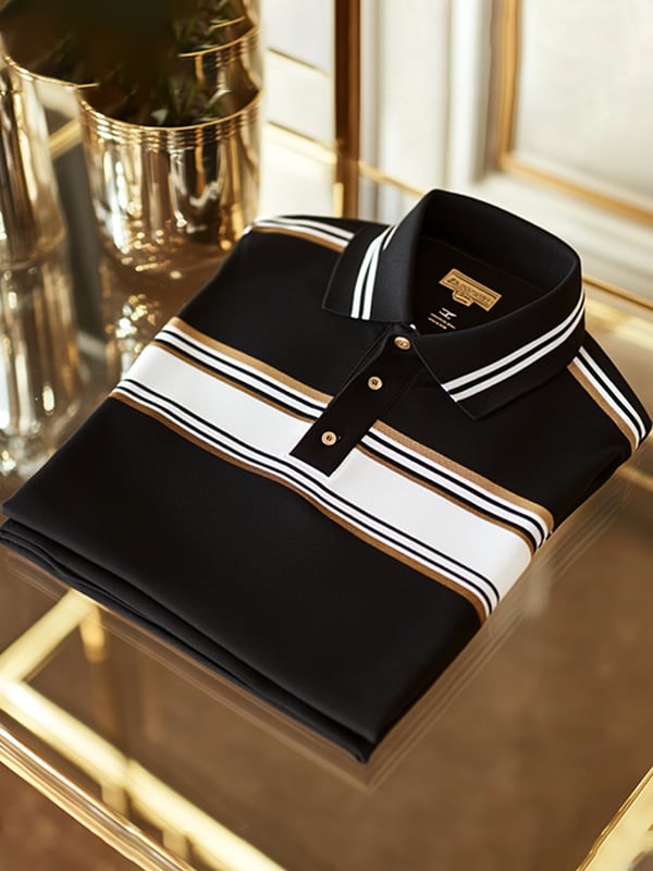 Camisa polo retro ejecutivo rayas estampado de manga larga para hombre