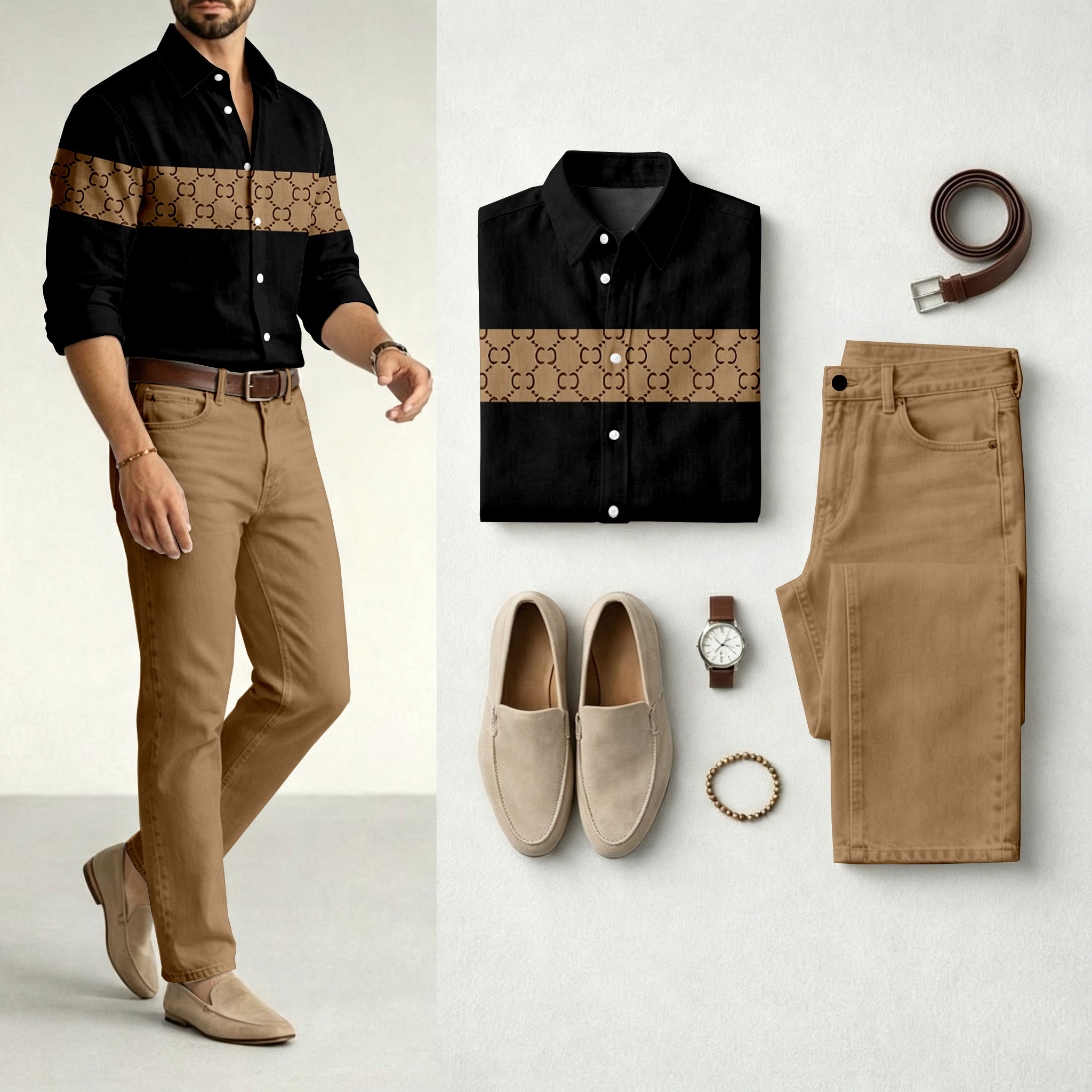 para hombre Black de manga larga camisa and Jeans Set
