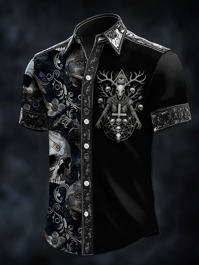 Camisa casual Dark Skull Demon Art satén para hombre