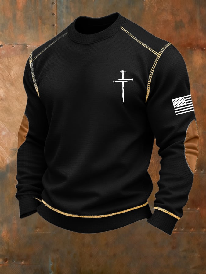 Sudadera vintage Faith Cross estampado Waffle cuello redondo para hombre