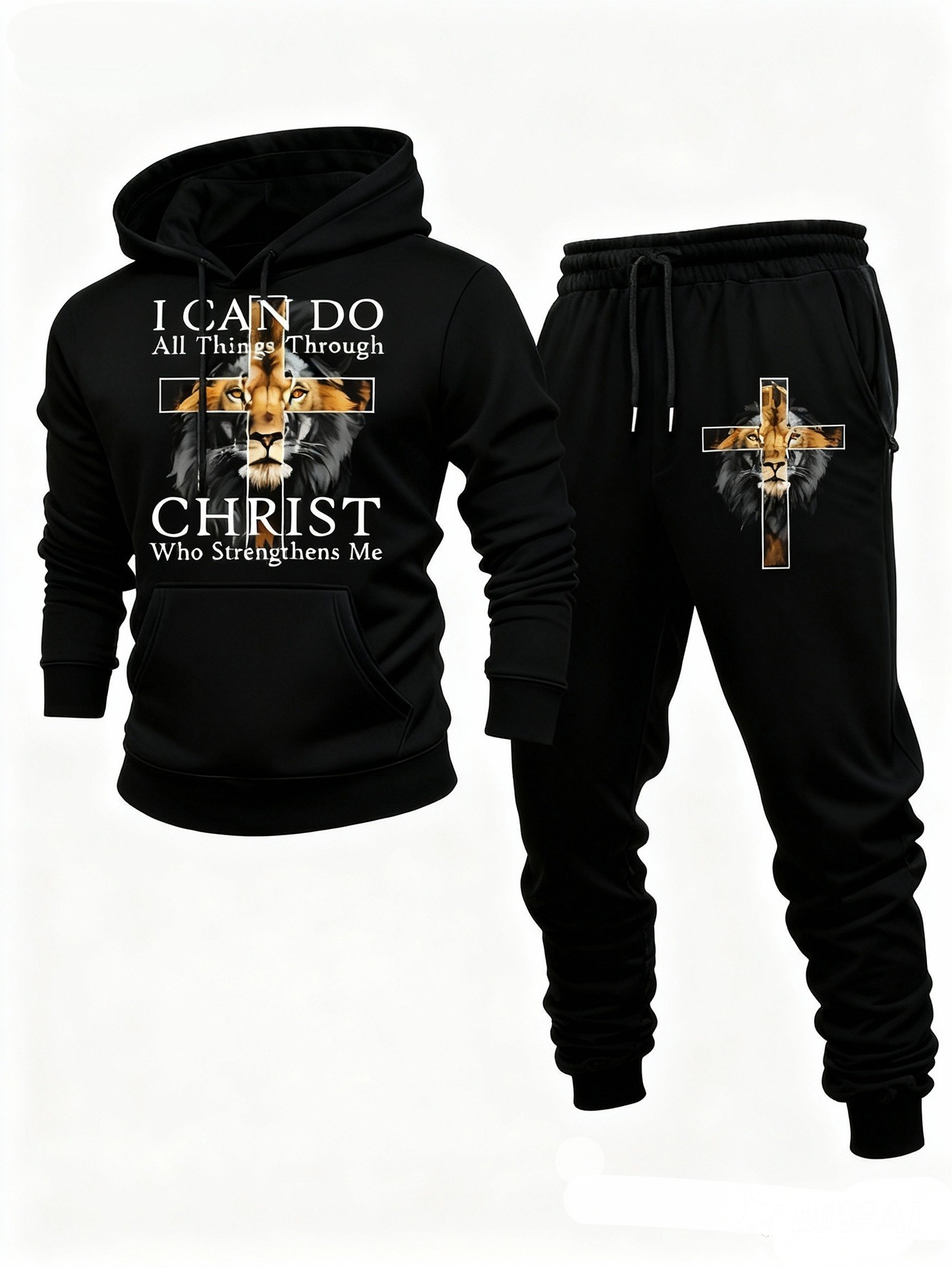 Conjunto de dos piezas casual Black & Lion Color Matching estampado sudadera con capuchas de manga larga sudaderas & Sweatpantalón para hombre