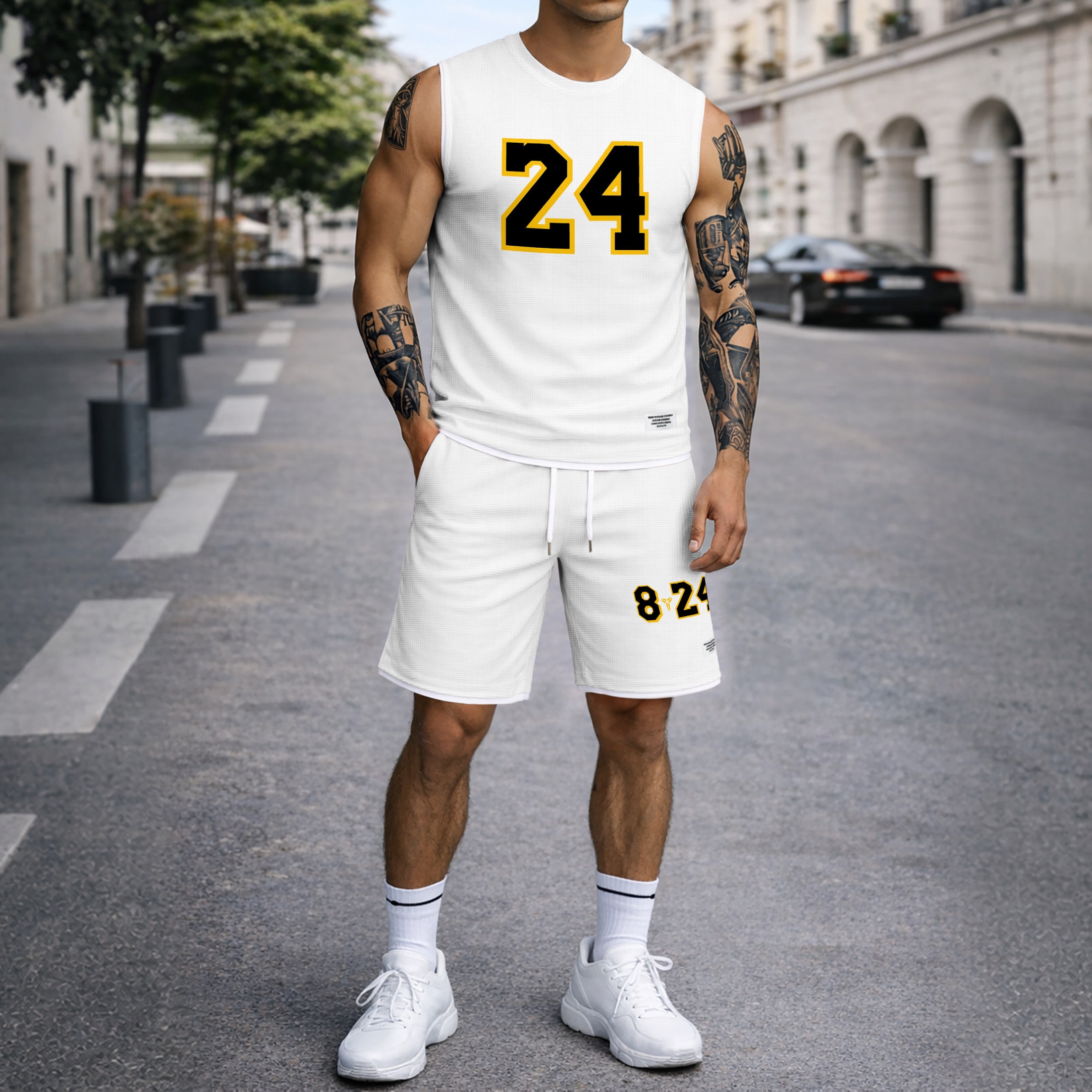 Shorts Number 24 Graphic estampado Summer Set Sleeveless Tank Top & Matching Outfit, Basketball Style Double Number estampado Lightweight casual Streetwear Athletic Set for Everyday & para trabajoout para hombre