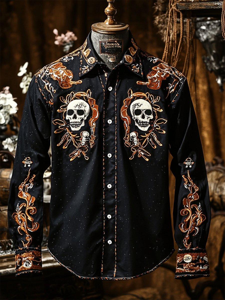 Camisa retro casual Skull estampado de manga larga para hombre